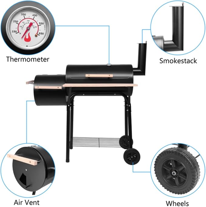 Charcoal Grills Outdoor, Oil Drum BBQ Grill Offset Smoker with Wheels Side Fire Box, Portable Barbecure Grill for Outdoor Cooking Backyard Camping Picnics BBQ Party, Black
