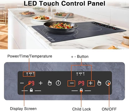 Double Induction Cooktop Portable Electric Cooktop 12 Inch, 110V Induction Burner Hot Plate with Safety Lock, Auto Shutoff Timer Setting, 9 Heating Level and Overheating Protection