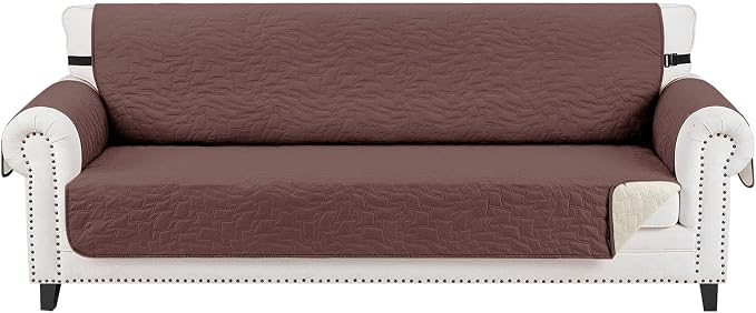 CUCRAF Non Slip Quilted Sofa Cover, Water Resistant Slipcover Furniture Protector for 4 Cushion Sofa Pet Friendly, Washable Couch Cover with Adjustable Elastic Straps (XX-Large, Coffee)