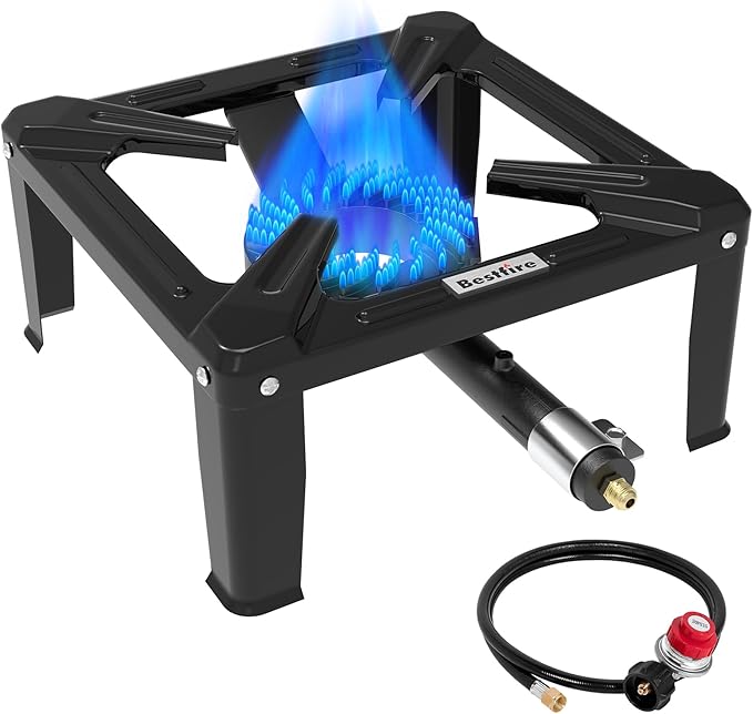 Bestfire High Pressure Propane Burner, 260,000 BTU Single Propane Stove | with 0-20 PSI Adjustable Hose & Regulator, 16" Square Steel Cooktop for Camping, Turkey Frying