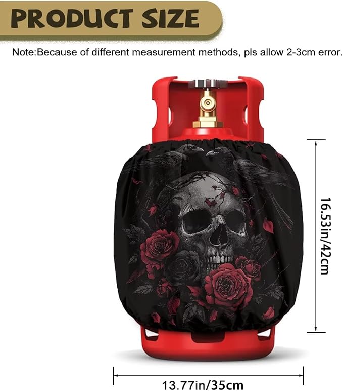 Propane Tank Covers 20lb Retro Outdoor Heavy Duty Waterproof Windproof Gas Tank Cylinder Cover with Elastic Brand, Dress up Your Gas Grill Skull Rose 2 pcs