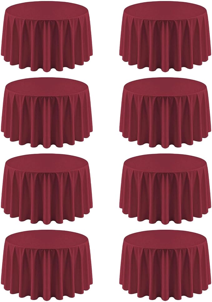 8 Pack Burgundy Round Tablecloth 90 Inch | For 3Ft-5Ft Round Table, Wrinkle Resistant Table Cloth, Washable Polyester Fabric, For Wedding Party Banquet Buffet Camping