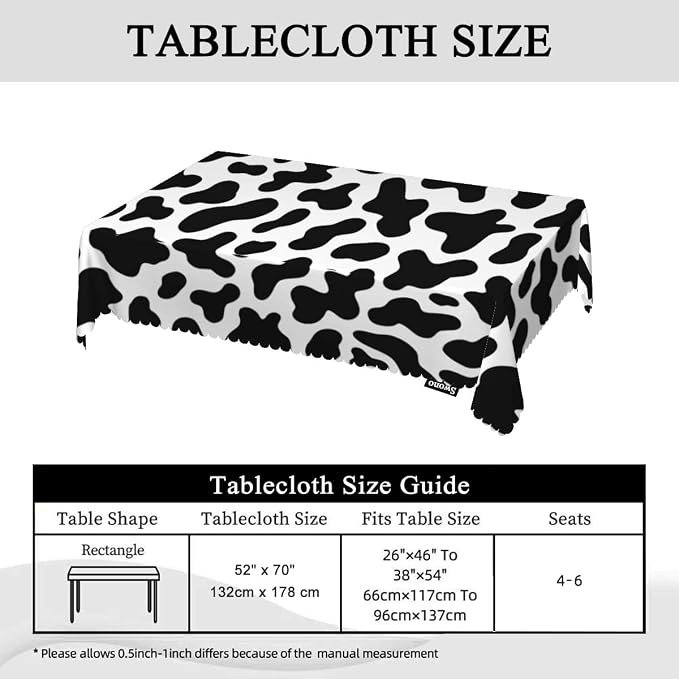 Swono Cow Table Covers 52x70 Inch Farm Cattle Cow Skin Print Black White Spots Wipeable Tablecloth Kitchen Dinning Tabletop Decoration, Table Cloth for Outdoor and Indoor Use