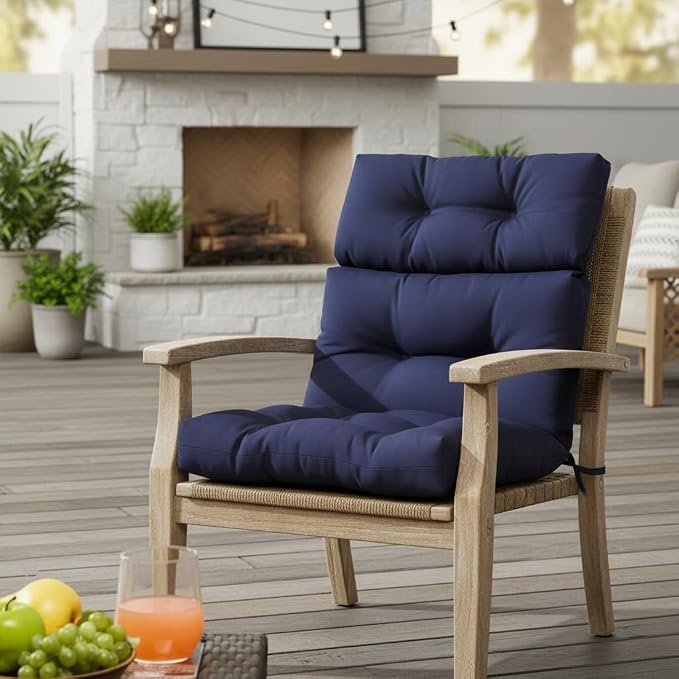Outdoor Tufted High-Back Chair Cushions, One-Piece Hinged Seat and Back Design, Reversible with 4 Ties, Durable Polyester Fabric, Recycled Fiber Fill - Single, Navy