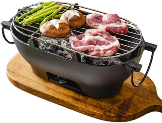 Mini Grill - 12 Inch Portable Cast Iron Outdoor Tabletop Grill - Handled Mini Japanese BBQ Charcoal Stove - Small Durable Camping Cast Iron Grill with Grate Hook