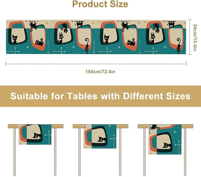 Mid Century Style Table Runner,Black Cat Modern Abstract Geometric Vintage Colorful Shape Pattern for Kitchen Coffee/Tea Table Dinner Room 13x36in