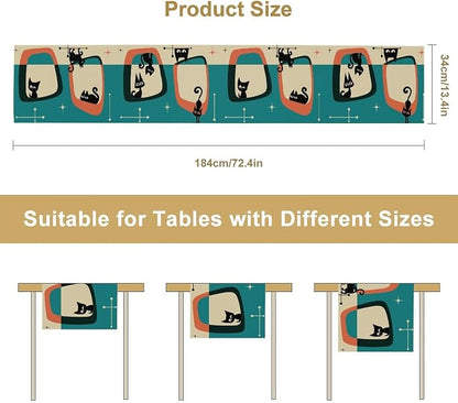 Mid Century Style Table Runner,Black Cat Modern Abstract Geometric Vintage Colorful Shape Pattern for Kitchen Coffee/Tea Table Dinner Room 13x36in
