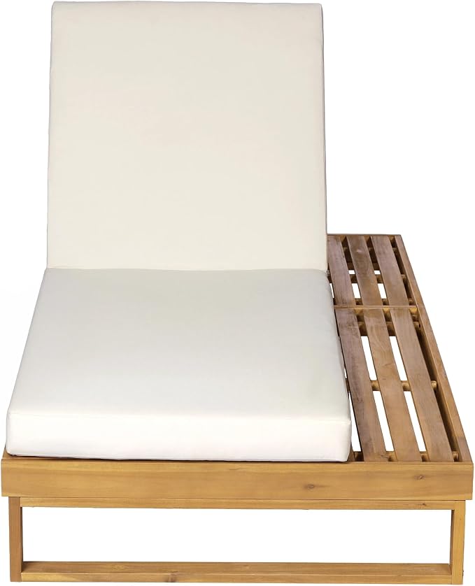 Merax Teak Finish Acacia Wood Chaise Lounge with 4-Inch Cream 2-Fold Cushion Set, 4-Position Adjustable Outdoor Patio Lounger with Flat Side Surface, for Poolside