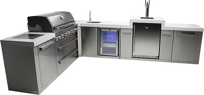 Mont Alpi 120"W x 98"D Deluxe L-shaped Stainless Steel Outdoor Kitchen Island with Fridge Faucet & Sink Combo + 3-tap Kegerator Beer Dispenser + 32"W 4-Burner BBQ Grill + Storage Cabinets + Cover