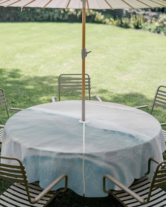 Summer Beach Outdoor Tablecloth - 54 Inch Round Dining Table Cover, Coastal Ocean Nautical Seaside Aqua Beige Waterproof Outdoor Table Cloth with Umbrella Hole & Zipper for Picnic/Patio/Party