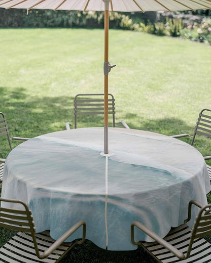 Summer Beach Outdoor Tablecloth - 54 Inch Round Dining Table Cover, Coastal Ocean Nautical Seaside Aqua Beige Waterproof Outdoor Table Cloth with Umbrella Hole & Zipper for Picnic/Patio/Party