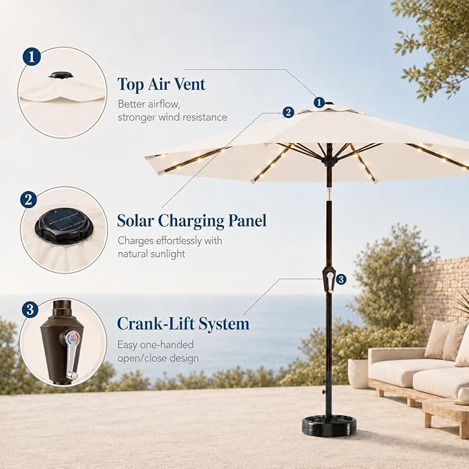 11FT Solar Patio Umbrella with Lights, Outdoor Table Market Umbrella with 32 LED Lights, 8 Sturdy Ribs, Smooth Crank Lift for Pool, Deck and Garden, UV-Resistant