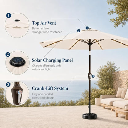10FT Solar Patio Umbrella with Lights, Outdoor Table Market Umbrella with 32 LED Lights, 8 Sturdy Ribs, Push Button Tilt and Crank for Pool, Deck and Garden, UV-Resistant