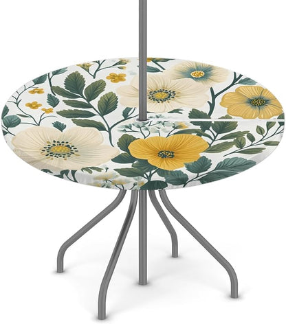 Retro Flowers Outdoor Round Fitted Tablecloth with Umbrella Hole and Zipper, 36"-44" Elastic Patio Table Cloth Oil-Proof Waterproof Patio Table Cover for Picnic Party Camping