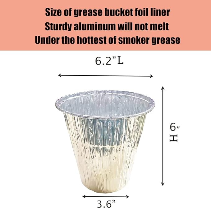 25 Pack Grease Bucket Liner for Pit Boss Grills 67292 Foil, Smoker Drip Pan for Traeger Woodridge Pro Pellet Grills and Flatrock Timberline XL Ironwood Grease Bucket Liner Large BAC608 6.2”x 6.0”
