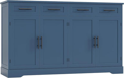 HOSTACK 60" Large Buffet Sideboard with Storage, 36" Tall Kitchen Buffet Storage Cabinet with 4 Drawers, Modern Coffee Bar Cabinet with Black Handles, Long Sideboard Buffet Table for Kichen, Blue