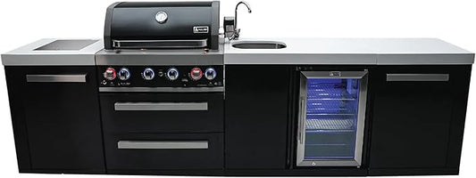 Mont Alpi 120"W x 23"D Black Stainless Steel Outdoor Kitchen Island with Refrigerator Faucet & Sink + 32"W 4-Burner BBQ Grill + Granite Countertops + Storage + Chopping Board + Rotisserie Kit + Cover