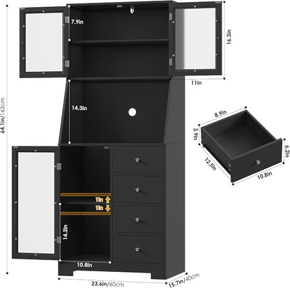 BOTLOG 64'' Kitchen Pantry Storage Cabinet, Tall Kitchen Storage Cabinet with Microwave Stand, Hutch Cabinet with Adjustable Shelves, for Dining Room, Black | Save Space, Frosted Glass Door, Hutch Cabinet with Adjustable Shelves, for Dining Room (Black)