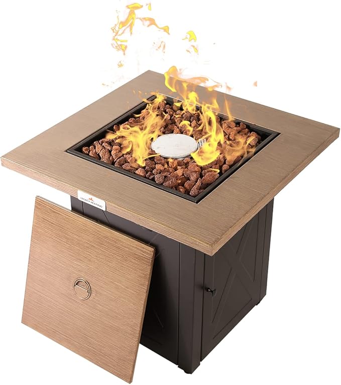 Outdoor Fire Tables, 50,000 BTU Patio Fire Pit Table Prop ane Fireplace for Backyard, Deck, Multi-Use Square Gas Fire Pit with Lid & Lava Rock, Table Top Firepit, Wood Table and Mocha Base