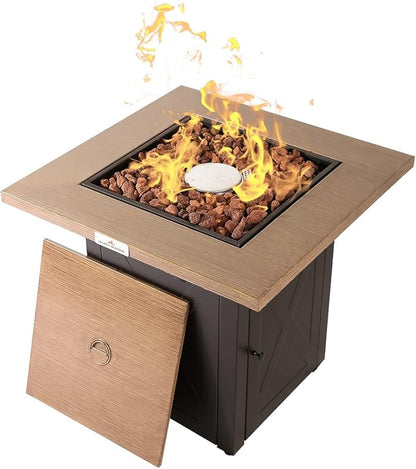 Outdoor Fire Tables, 50,000 BTU Patio Fire Pit Table Prop ane Fireplace for Backyard, Deck, Multi-Use Square Gas Fire Pit with Lid & Lava Rock, Table Top Firepit, Wood Table and Mocha Base