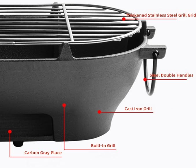 Mini Grill - 12 Inch Portable Cast Iron Outdoor Tabletop Grill - Handled Mini Japanese BBQ Charcoal Stove - Small Durable Camping Cast Iron Grill with Grate Hook