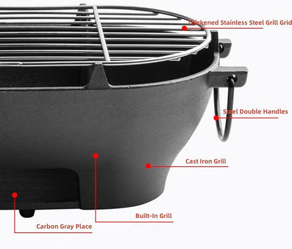 Mini Grill - 12 Inch Portable Cast Iron Outdoor Tabletop Grill - Handled Mini Japanese BBQ Charcoal Stove - Small Durable Camping Cast Iron Grill with Grate Hook