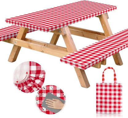 Vinyl Fitted Picnic Table Cover with Bench Covers & Bag 6ft Red Checkered | Vinyl Fitted Picnic Table Cover with Bench Covers and Bag, Outdoor Waterproof Windproof Picnic Tablecloth with Elastic Edges.