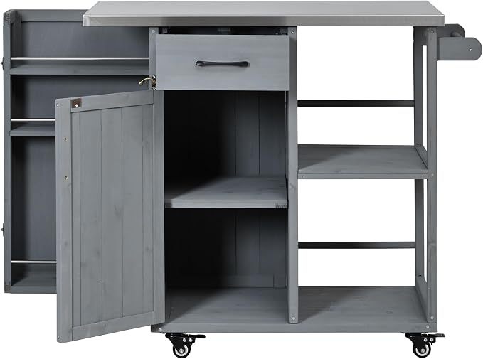 JIVOIT Outdoor Kitchen Island with Stainless Steel Worktop, Fir Wood Prep Station Lockable Kitchen Cart with Ample Storage Space, Towel and Spice Racks for Patio and Outdoor (Grey/122)