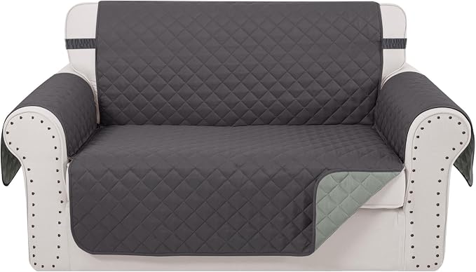 Reversible Loveseat Couch Sofa Covers, 2-Seater, Dark Grey | Loveseat Covers for Dogs Water Repellent, Friendly Furniture Protector with Elastic Straps for Living Room