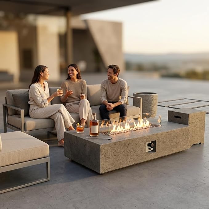 56-inch Rectangle Propane Gas Fire Pit Table, CSA Certified 50,000 BTU Outdoor Fireplace for Backyard, Porch, Garden (Grey, Fire Pit with Wind Guard&Tank)