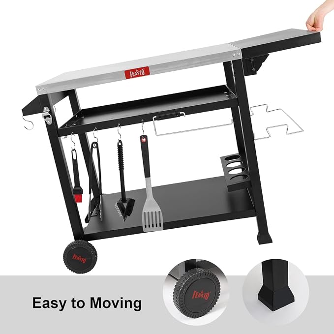 Feasto 40x26 Outdoor Grill Cart, Stainless Steel Tabletop, 3-Shelf Rolling | Pizza Oven Table, Pizza Oven Stand, BBQ Grill with Wheels for Food Prep, Outdoor & Indoor, Dining, Kitchen Cart Table