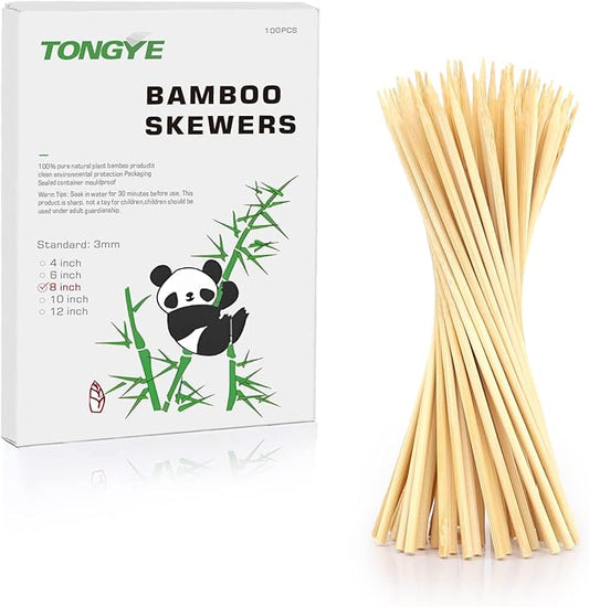 [100 PCS] 8 inch Bamboo Skewers, Premium Wooden Skewers without Splinters, Skewers for Grilling, BBQ, Appetizer, Fruit Kabobs, Chocolate Fountain, Cocktail Toothpicks, and Food Skewer Sticks.