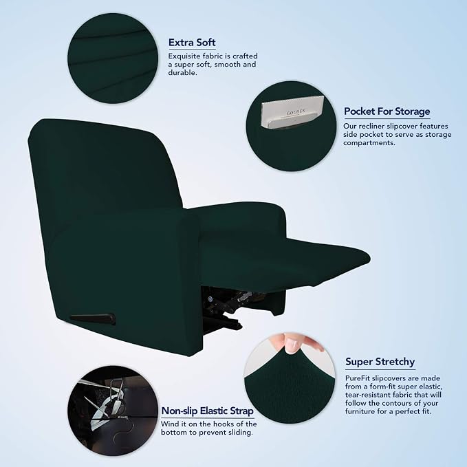 PureFit Stretc Recliner Chair Covers Fleece Soft Couch Covers for Sofa | Deep Teal 4-Pieces Recliner Slipcover Pocket Couch Protector, Fleece Sofa Cover Washable with Non Slip Elastic Bottom