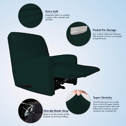 PureFit Stretc Recliner Chair Covers Fleece Soft Couch Covers for Sofa | Deep Teal 4-Pieces Recliner Slipcover Pocket Couch Protector, Fleece Sofa Cover Washable with Non Slip Elastic Bottom