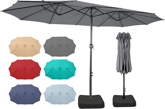 15ft Patio Umbrella with Base, 10-Year-No-Fade Large Outdoor Double-Sided Market Umbrella with UPF50+Terylene Polyester Fabric and Crank for Poolside Garden Deck Backyard Beach Pools