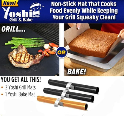 As Seen on TV Yoshi Grill & Bake Mat | 2 Black Grill Mats and 1 Copper Bake Mat