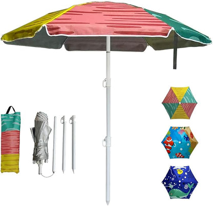 LOTTAFUN 5ft Beach Umbrella Diameter 0.99-1.2 Inch Pole Resistant UV 50+ Portable Sun Shade with Sand Anchor & Carry Bag, Outdoor Folding Umbrella for Beach,Pool,Patio,Garden (3 Color Block) NO Tilt The sand needs to be over 5 inches above the bottom