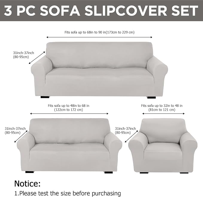 Peryiter 3 Pcs Couch and Loveseat Sofa Covers,Silver Gray,Milk Silk | Armchair Covers for Living Room, Sofa Cushion Slipcover, Furniture Protector, Polyester and Spandex, Washable