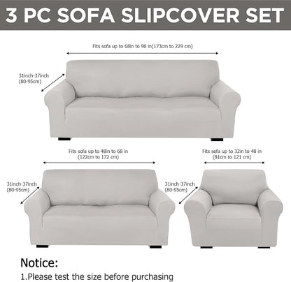 Peryiter 3 Pcs Couch and Loveseat Sofa Covers,Silver Gray,Milk Silk | Armchair Covers for Living Room, Sofa Cushion Slipcover, Furniture Protector, Polyester and Spandex, Washable