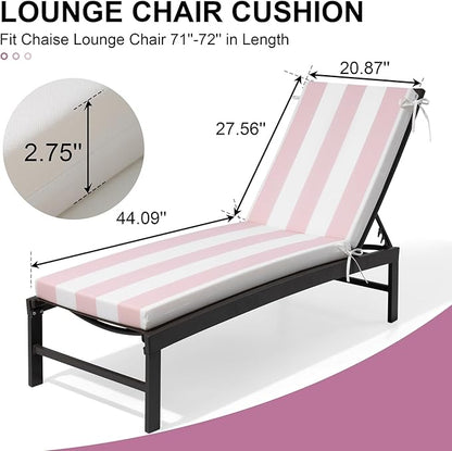 Crestlive Products Outdoor Chaise Lounge Cushions Set of 2, 3 Years Fade Resistant Water Resistant Lounge Chair Cushion, 72''L x 21''W, Pink White Stripe