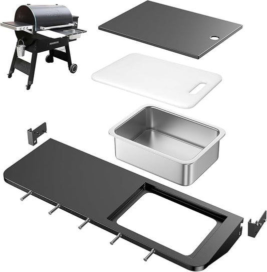 Utheer Upgraded Folding Front Shelf for Traeger Pro 780 and Ironwood 885 Pellet Grills, 32.5"x11.5" Heavy-Duty BBQ Prep Table with Cutting Board, Basin, 5 Hooks, 60-LB Load Steel Folding Grill Shelf