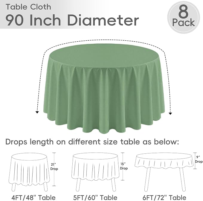 8 Pack Sage Green Round Tablecloth 90 Inch | For 3Ft-5Ft Round Table, Wrinkle Resistant Table Cloth, Washable Polyester Fabric, For Wedding Party Banquet Buffet Camping