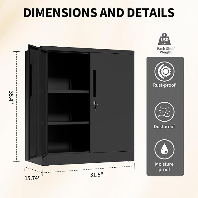 36" H Metal Cabinet with Lock, Lockable Storage Cabinet, Black | Storage Cabinet with 2 Doors and 2 Adjustable Shelves, Locking Steel Cabinet for Garage Office Home, 36"H x 16"D x 32"W