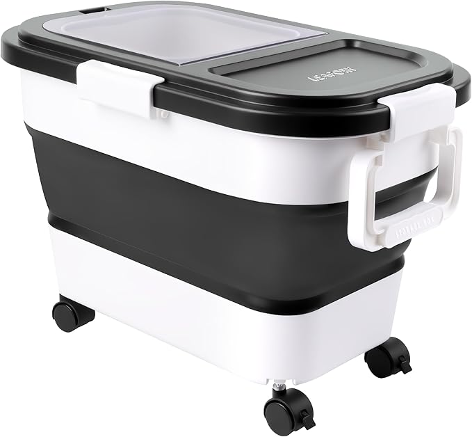 Wood Pellet Storage Container 20-25lbs, Airtight Bin with Locking Lid & Clear Window, Collapsible Pellet Bucket with Wheels, Scoop & Labels, Black & White