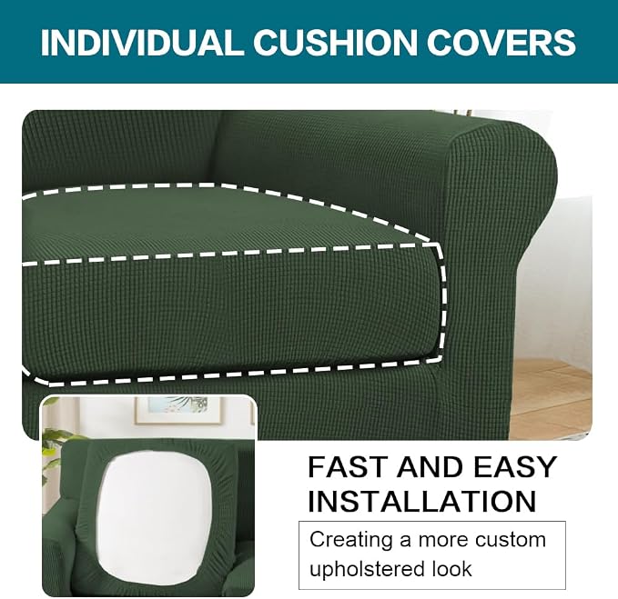 Turquoize 2 Piece Chair Covers Armchair Slipcovers for Living Room Armchair Sofa Cover with Individual Cushion Covers Feature Jacquard Fabric (Chair, Bronze Green)