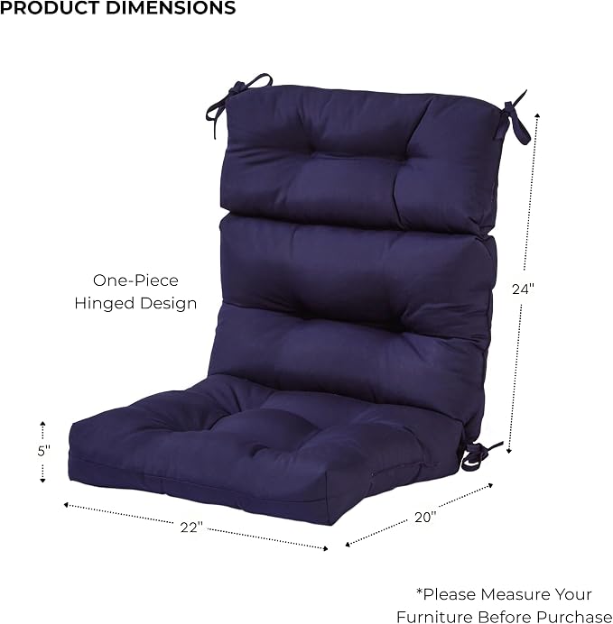 Outdoor Tufted High-Back Chair Cushions, One-Piece Hinged Seat and Back Design, Reversible with 4 Ties, Durable Polyester Fabric, Recycled Fiber Fill - Single, Navy