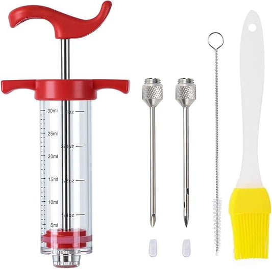 Plastic Meat Injector, Turkey Injector Syringe, Marinade Injector Turkey Injection Kit, Meat Injectors for Smoking, BBQ Grill Injector, Red 1oz (1 Injector 2 Needles)