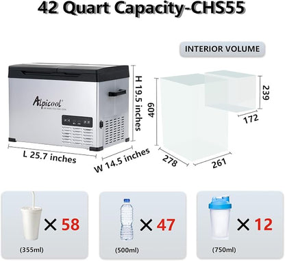 Alpicool CHS55 Dual Temperature Control 12 Volt Refrigerator 42 Quart Portable Car Fridge Freezer (-4°F~68°F) for Truck,RV,Camping and Travel