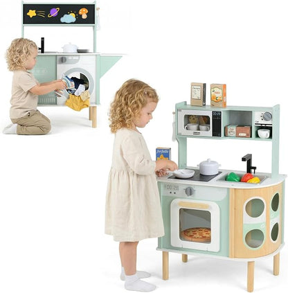 INFANS Kids Kitchen Playset, Toddler Wooden Pretend Cooking Set with Stove Microwave Dustbin Storage Cabinet, Play Kitchen Toy Set with Toy Food Cookware Accessories for Children Boys Girls