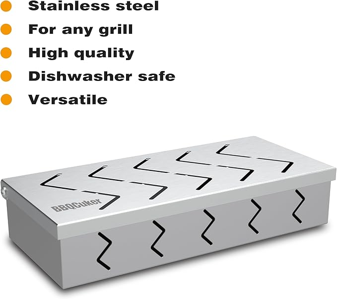 BBQCuker 2 Pack Grill Smoker Box, Stainless Steel Food Safe, Works with Wood Chips Smoked BBQ Flavor, Hinged Lid,Warp Free Grill Accessories (2, 9x4)